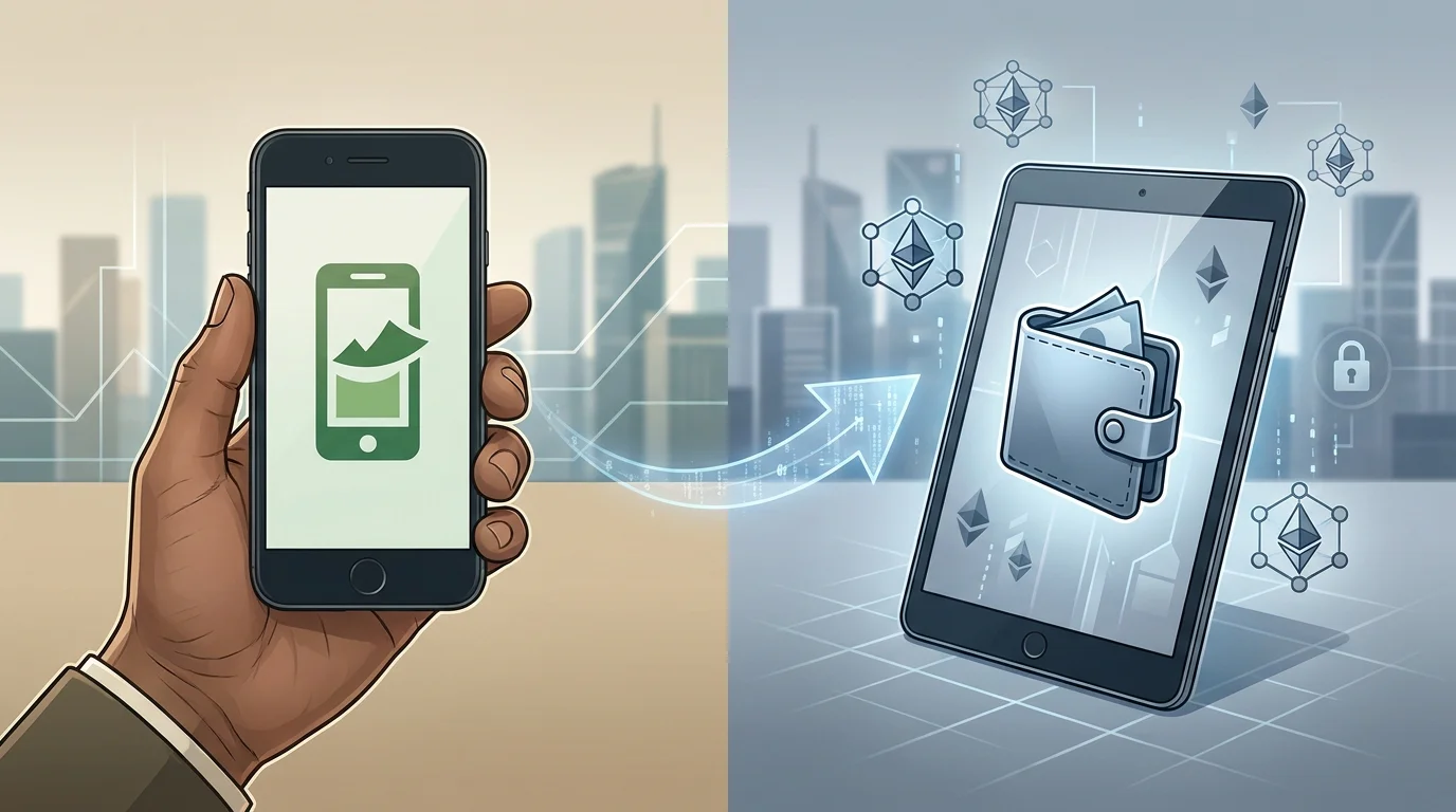 Editorial illustration comparing Kenya mobile money with cryptocurrency wallet funding