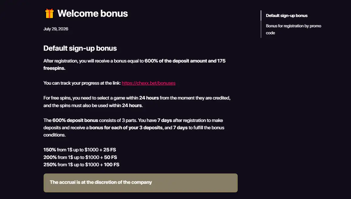 CHEXX welcome bonus page showing the current offer