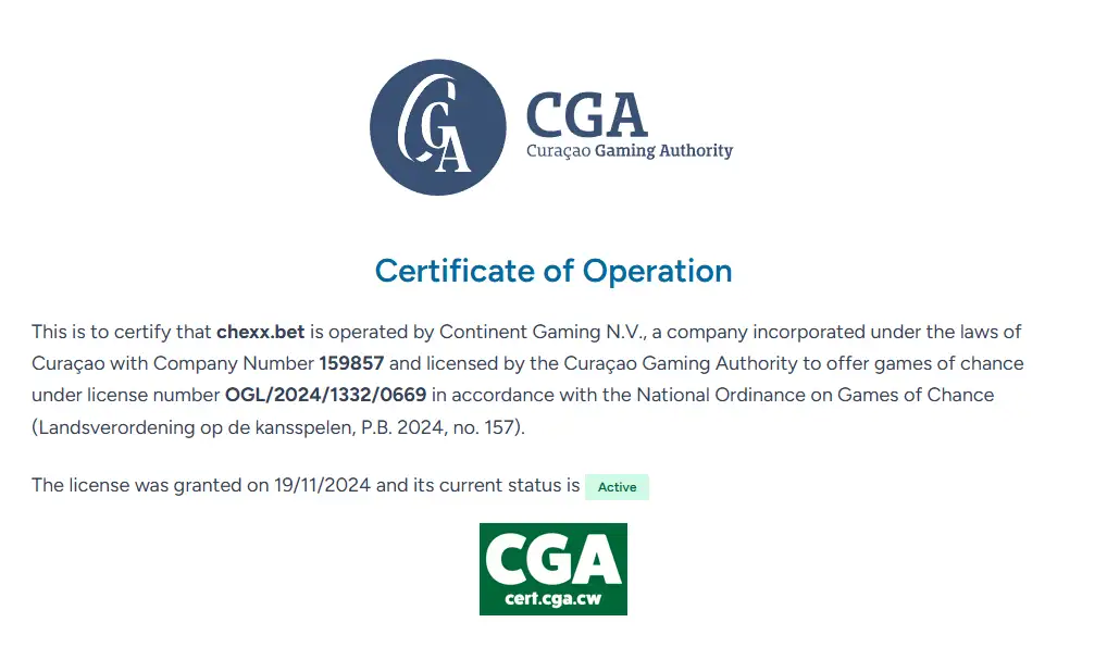 Curaçao Gaming Authority certificate entry for CHEXX licence